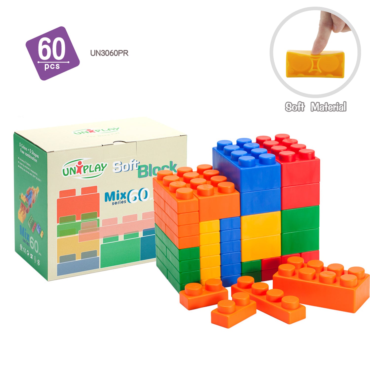 UNiPLAY Soft Building Blocks Mix Series 60pcs (#UN3060PR)( 6 sets a ctn)